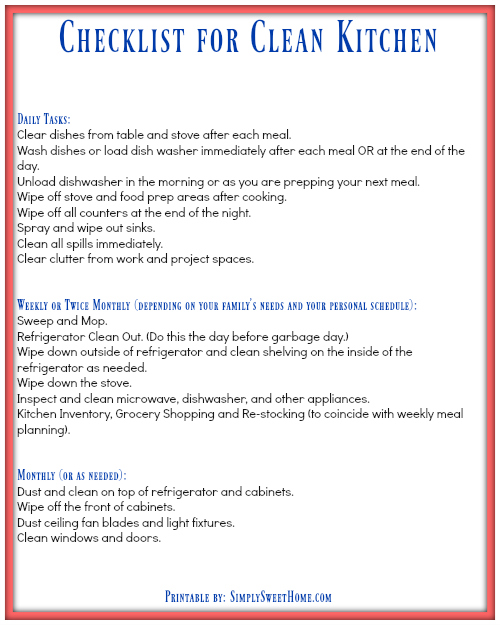 Checklist for Clean Kitchen